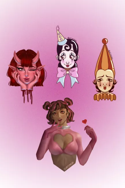 4 modelos de stickers ilustrados que representan personajes femeninos.