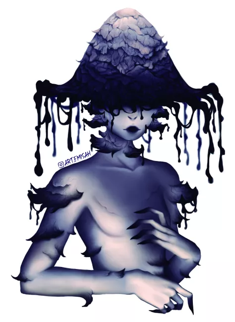 Ilustración que muestra un personaje femenino inspirado en el hongo de tinta.