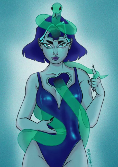 Ilustración de una mujer posando con una serpiente que entra por su frente y sale por su pecho, enroscándose en su cuerpo.