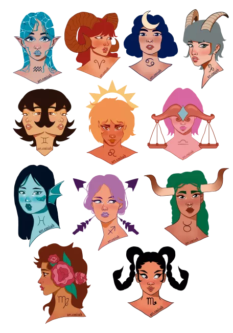 Ilustraciones que representan los 12 signos del zodíaco, utilizando personajes femeninos para mostrar las características de cada uno.