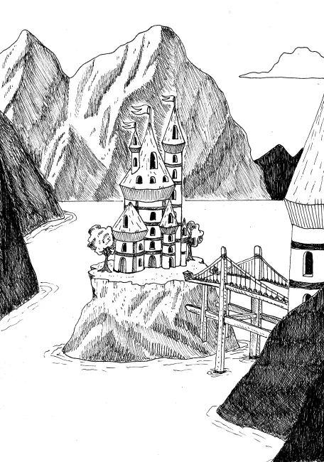 Castillo fantástico, en hoja blanca y tinta