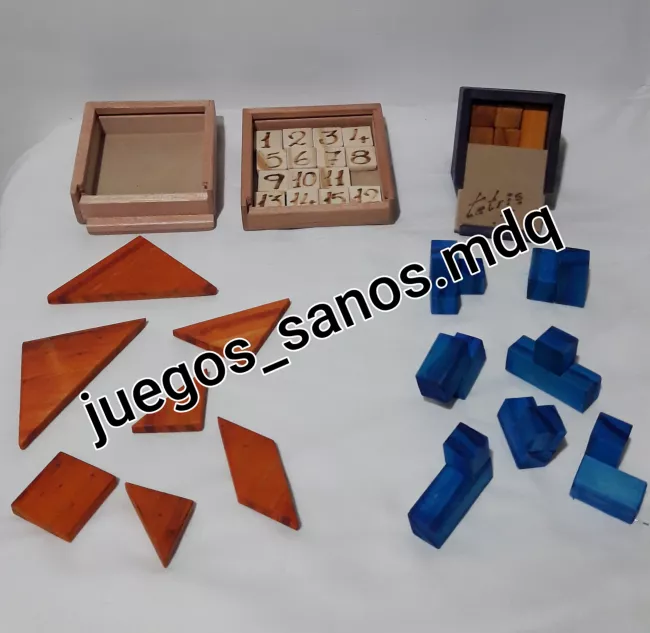 Tangram: consta de siete fichas para construir siluetas dadas. JUEGO del 15: se trata de ordenar una secuencia sin levantar ni sacar las fichas. TETRIS: conseguir que las siete piezas quepan en la caja, tiene más de 200 soluciones.